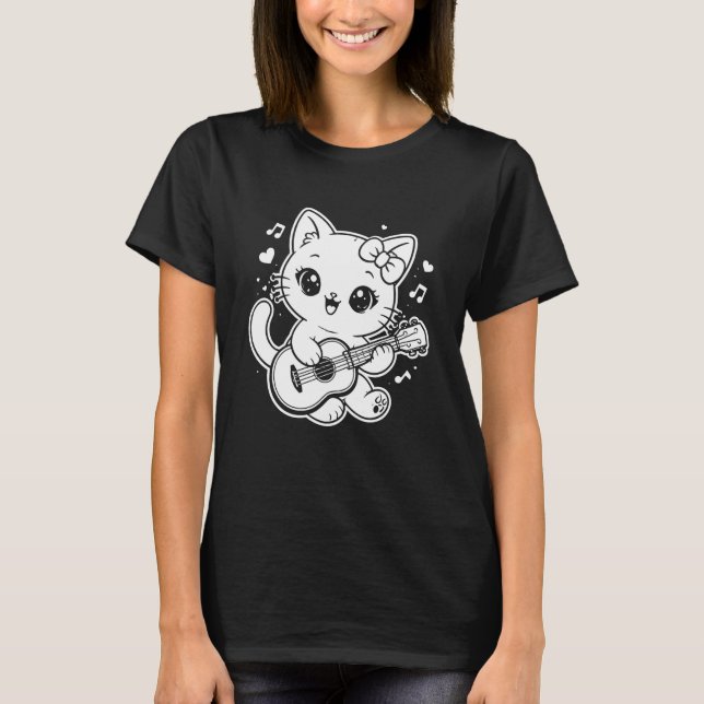 Camiseta Gato Kawaii Tocando Ukulele Manga Larga (Anverso)
