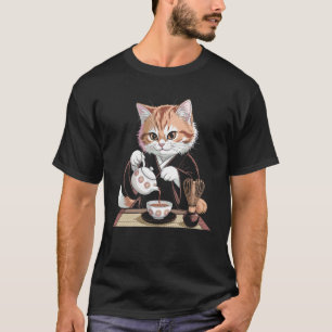 Camiseta Gato Kimono Bebiendo Té Arte Grabado en Madera
