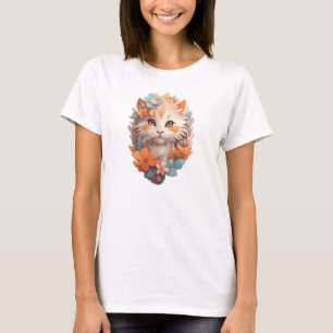 Camiseta Gato Kitty Floral Naranja Bonito