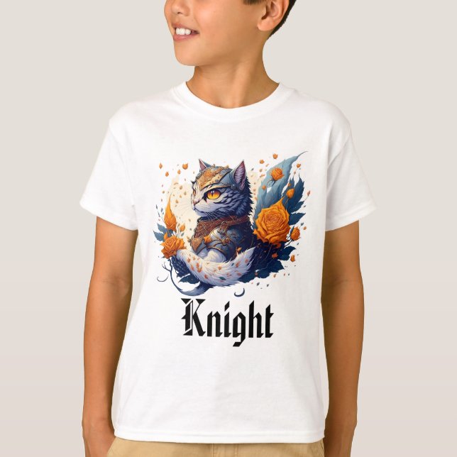 Camiseta Gato Knight Héroe Guerrero y rosas niños (Anverso)