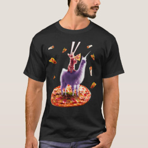 Camiseta Gato Láser Comiendo Pizza Montando Llama Unicornio