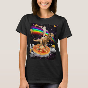 Camiseta Gato láser de galaxia sobre dinosaurio en pizza co