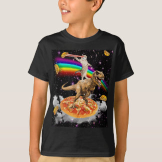 Camiseta Gato láser de galaxia sobre dinosaurio en pizza co