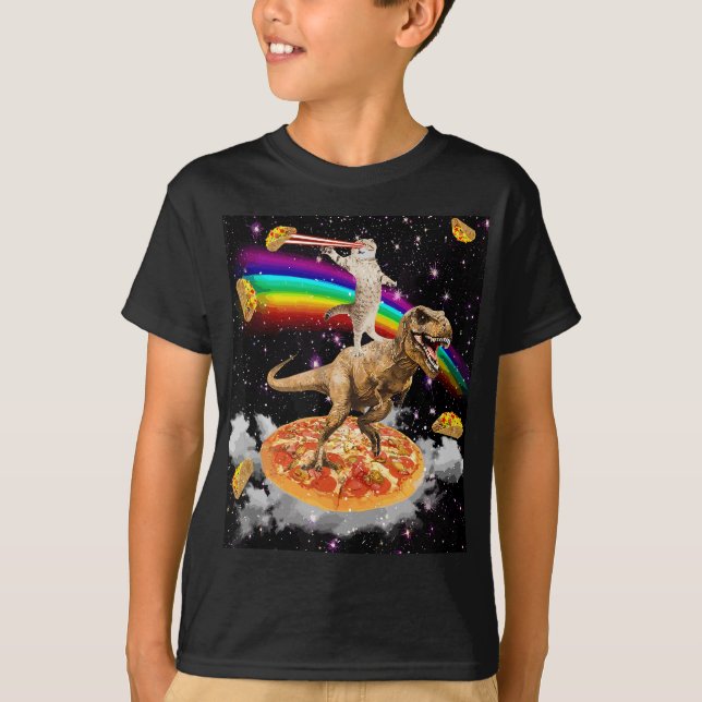 Camiseta Gato láser de galaxia sobre dinosaurio en pizza co (Anverso)