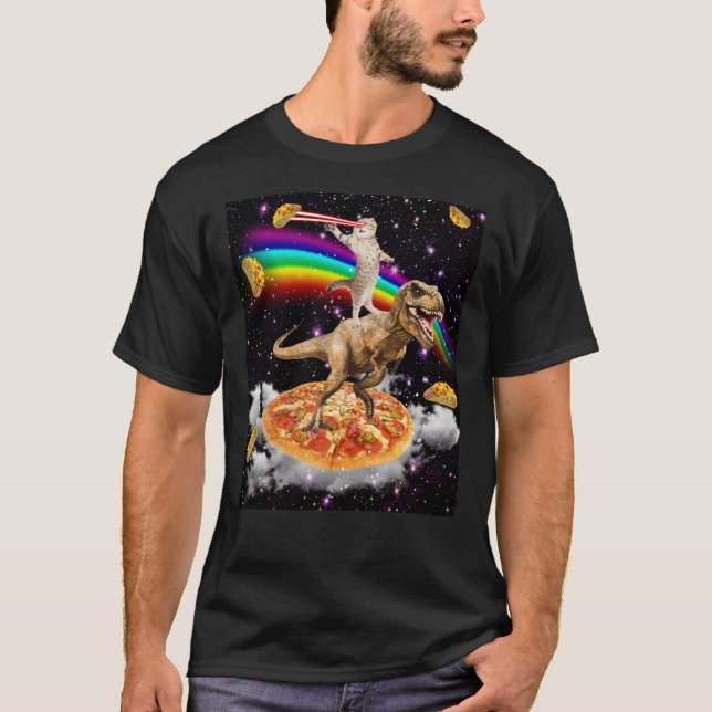 Camiseta Gato láser galaxico en dinosaurio en pizza con Tac (Anverso)