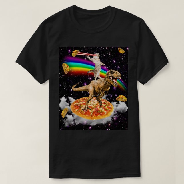 Camiseta Gato láser galaxico en dinosaurio en pizza con Tac (Diseño del anverso)