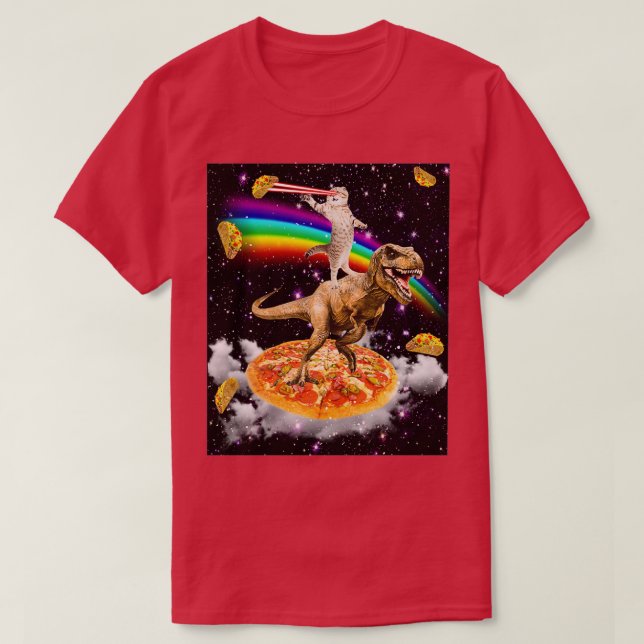 Camiseta Gato láser galaxico en dinosaurio en pizza con Tac (Diseño del anverso)