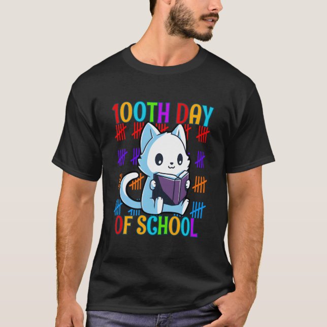 Camiseta Gato leyendo el 100º día de escuela (Anverso)