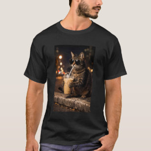 Camiseta Gato Lindo Bebiendo Café Helado Escena Nocturna Ma