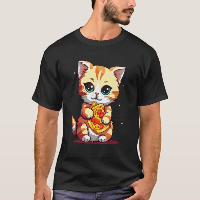 Camiseta Gato lindo comiendo una pizza (Anverso)