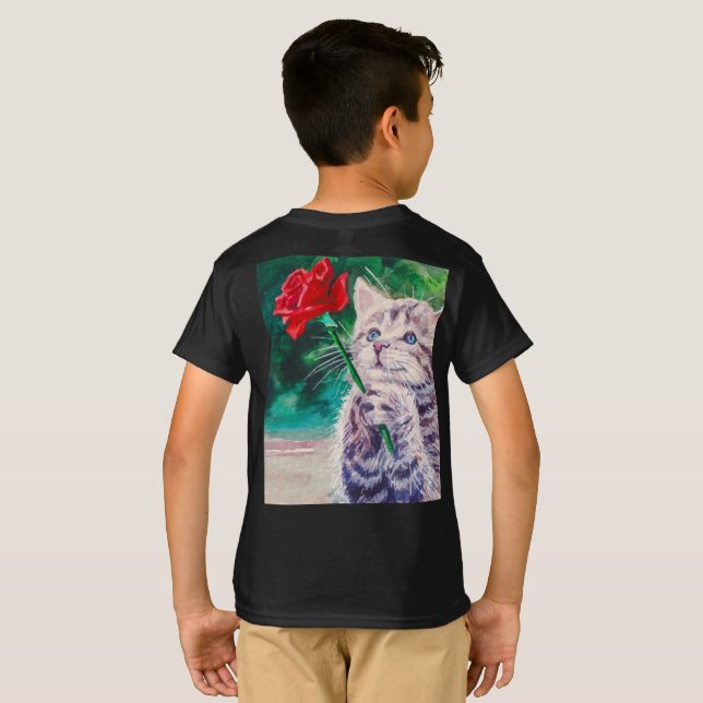 Camiseta Gato lindo con flor roja (Reverso completo)