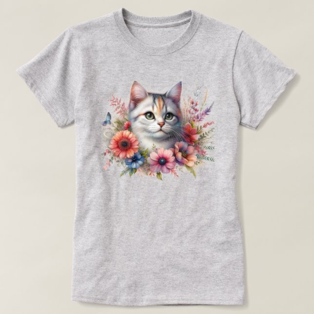 Camiseta Gato lindo con flores Amantes de los gatos  (Diseño del anverso)