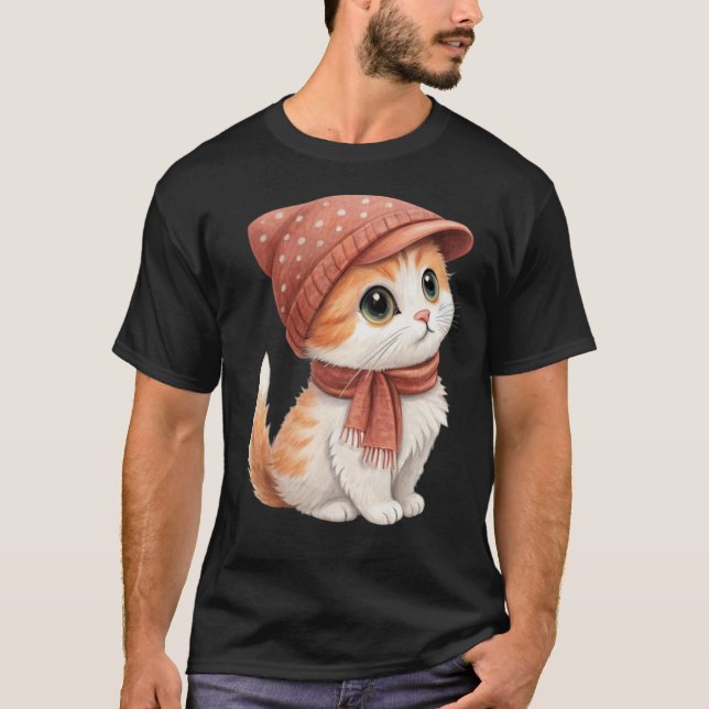 Camiseta Gato lindo con Gorra, bufanda, color pastel (Anverso)