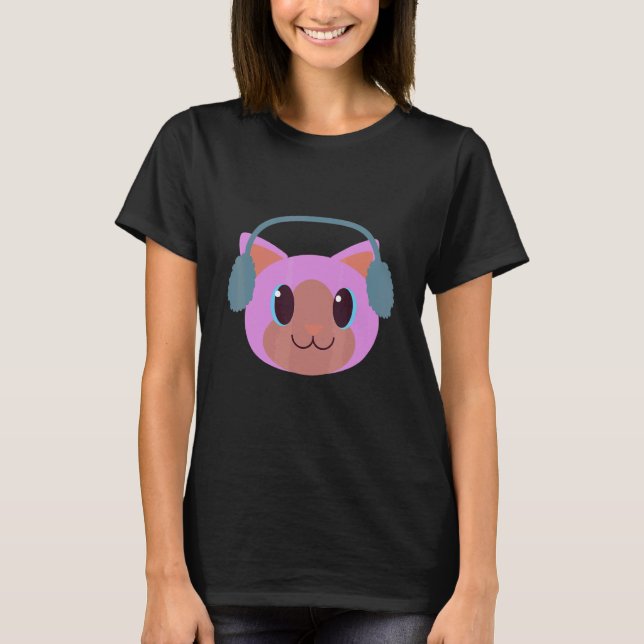 Camiseta Gato Lindo Con Muffs De Orejas Calentadores Vacaci (Anverso)