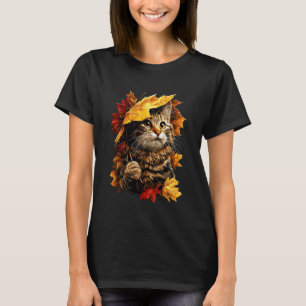 Camiseta Gato Lindo con Paraguas de Hojas de Otoño Estética