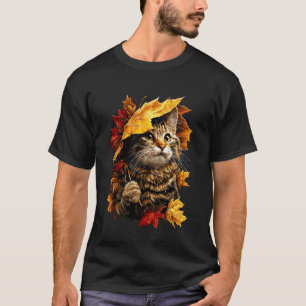 Camiseta Gato Lindo con Paraguas de Hojas de Otoño Estética