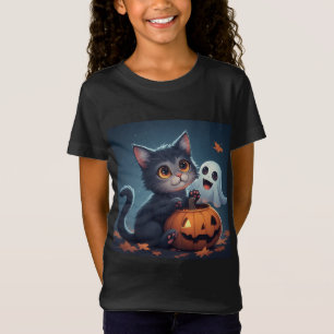 Camiseta Gato Lindo de Halloween con Fantasma y Calabaza 🎃