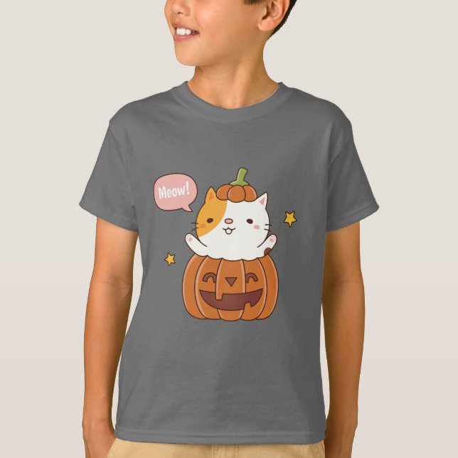 Camiseta Gato lindo en calabaza tallada Feliz Halloween (Anverso)