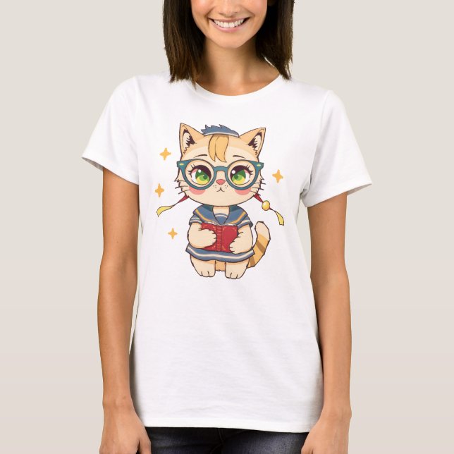 Camiseta Gato lindo en gafas y arte uniforme escolar (Anverso)