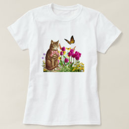Camiseta Gato lindo en un jardín de flores con mariposa