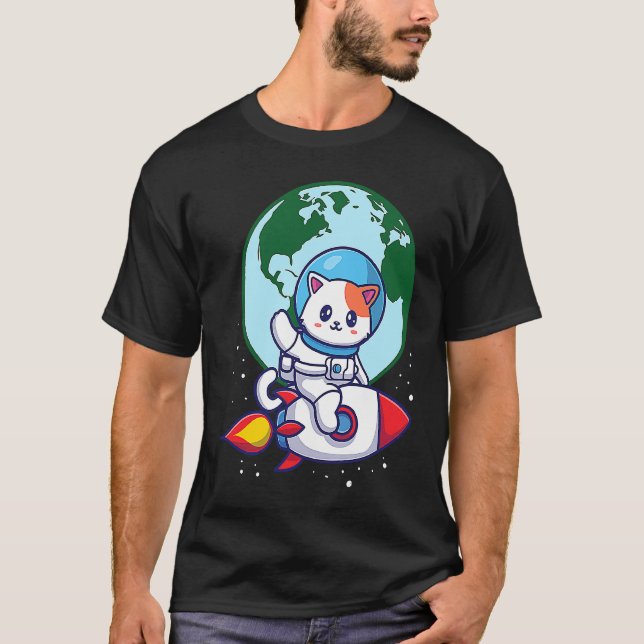 Camiseta Gato Lindo Espacio Exterior Cohete Tierra (Anverso)