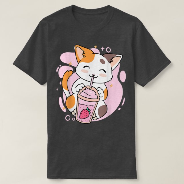Camiseta Gato lindo fresa fresa batida batido Anime Kawaii  (Diseño del anverso)