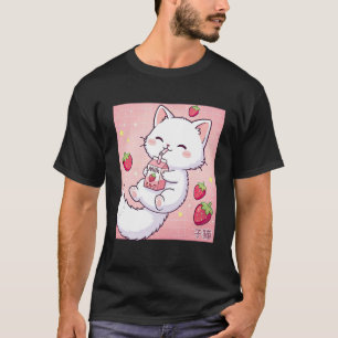 Camiseta Gato Lindo Fresa Leche Arte Retro Japonés Kawaii
