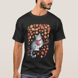 Camiseta Gato Lindo Hoja Cae Árbol Hola Otoño Mujeres Hombr
