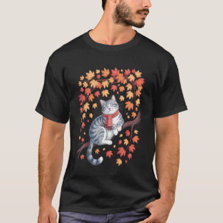 Camiseta Gato Lindo Hoja Cae Árbol Hola Otoño Mujeres Hombr