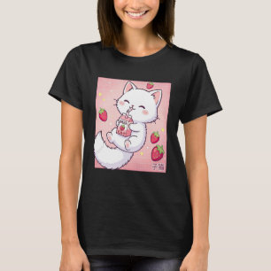Camiseta Gato Lindo Leche de Fresa Arte Retro Japonés Kawai