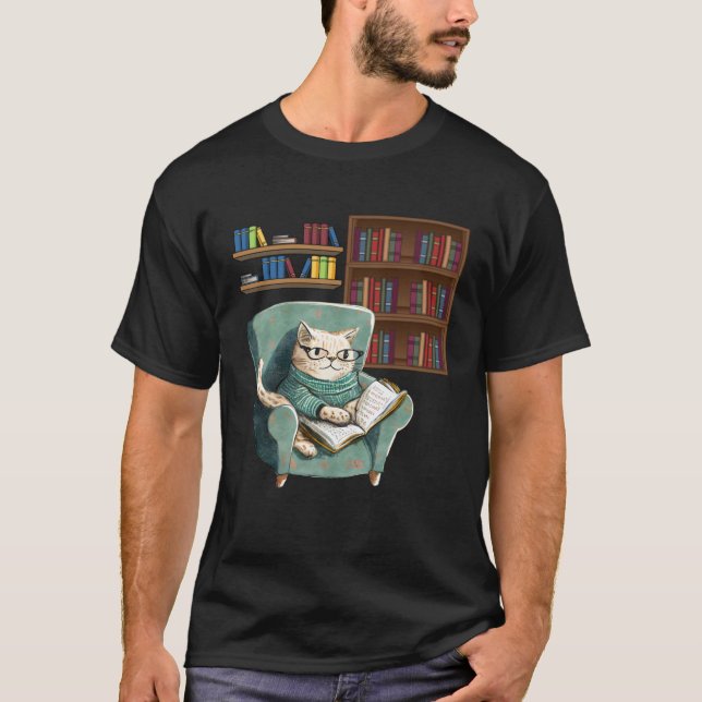 Camiseta Gato lindo leyendo libro de libros gusanos gatos l (Anverso)