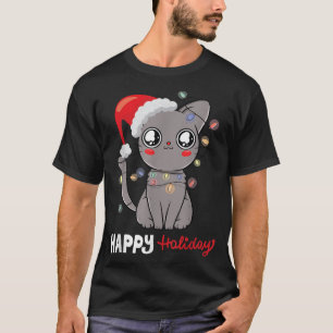 Camiseta Gato lindo vistiendo a un Gorra con luces Navidade