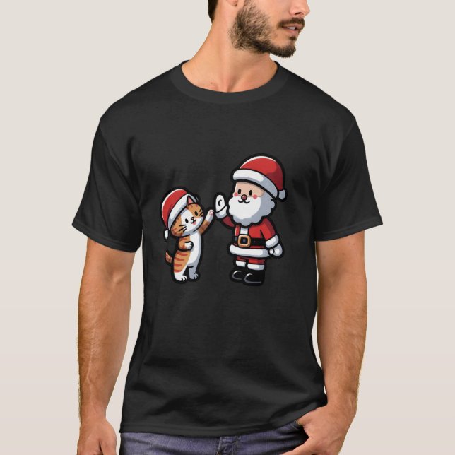 Camiseta Gato lindo y Santa High Fiving Graciosa Feliz Navi (Anverso)