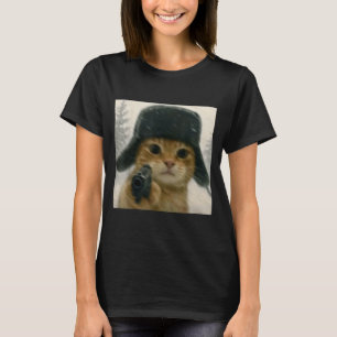 Camiseta Gato Loco con Gorro Ushanka Humor de Gato Meme Rus