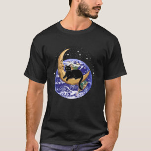 Camiseta Gato Luna Creciente Gatito Negro Sobre la Tierra D