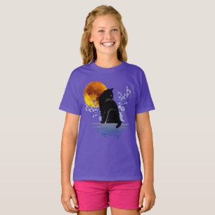 Camiseta Gato Luna en Flor de Floración Amante de Gatos Neg