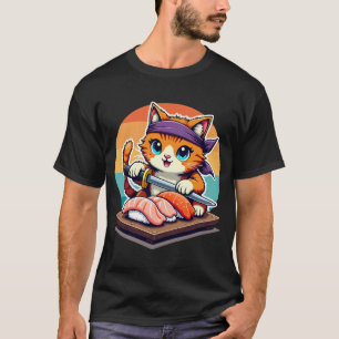 Camiseta Gato maestro de sushi con atardecer sosteniendo cu