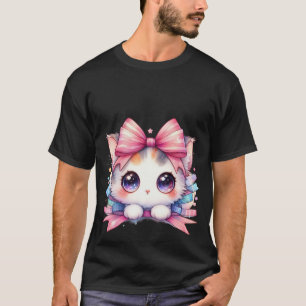 Camiseta Gato Mágico Blanco Kawaii con Lazo Rosa
