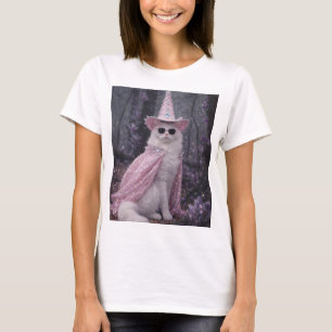 Camiseta Gato Mago Mágico en Capa y Sombrero Rosa Brillante