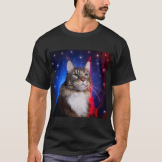 Camiseta Gato Maine Coon Con Aura Azul Blanco Rojo Y Estrel