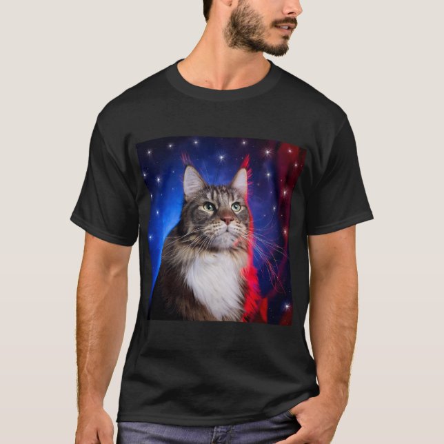 Camiseta Gato Maine Coon Con Aura Azul Blanco Rojo Y Estrel (Anverso)
