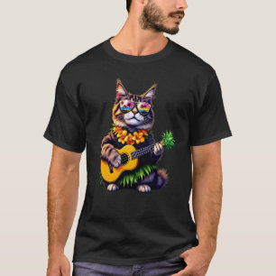 Camiseta Gato Maine Coon Hawaiano y Verano de Ukulele de Pi