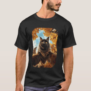 Camiseta Gato Maine Coon Lindo Selfie Hojas de Otoño Bosque