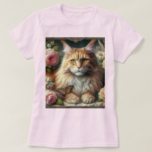 Camiseta Gato Maine Coon Victoriano Naranja con Rosas Rosad