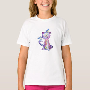 Camiseta Gato malva chiflado con pájaros