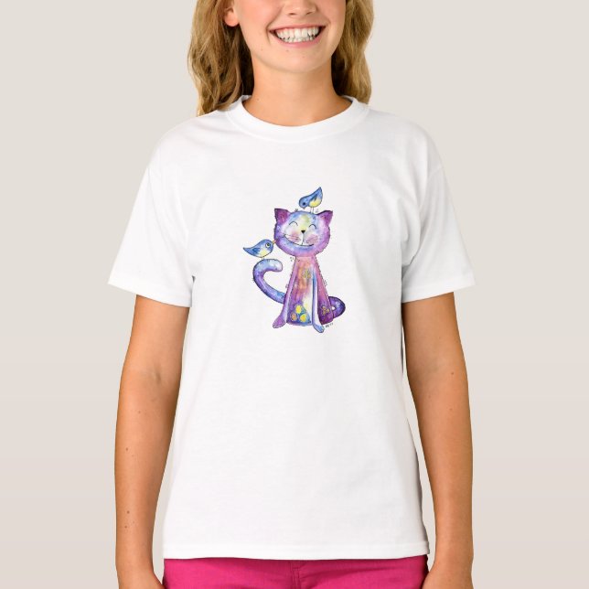 Camiseta Gato malva chiflado con pájaros (Anverso)