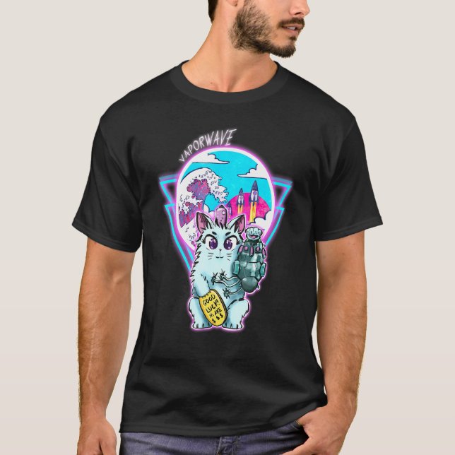 Camiseta Gato Maneki-Neko Cyberpunk Con Estilo De Onda Vapo (Anverso)
