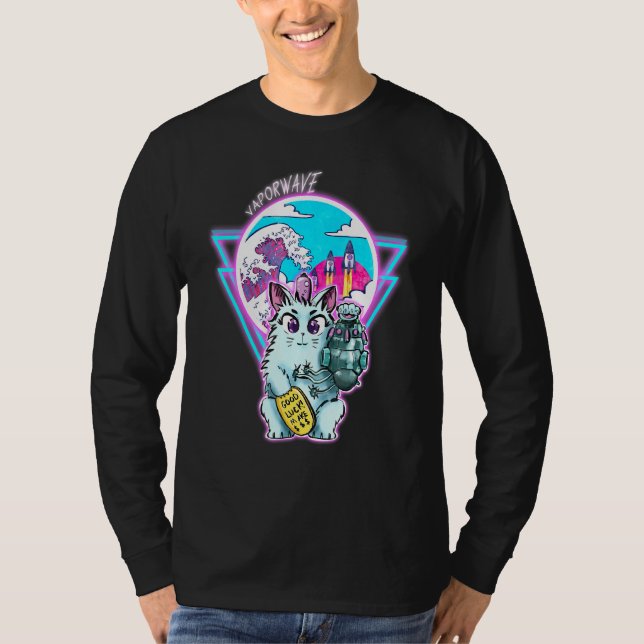 Camiseta Gato Maneki-Neko Cyberpunk Con Estilo De Onda Vapo (Anverso)