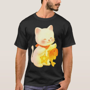 Camiseta Gato Maneki Neko Kawaii con Decoración de Pescado