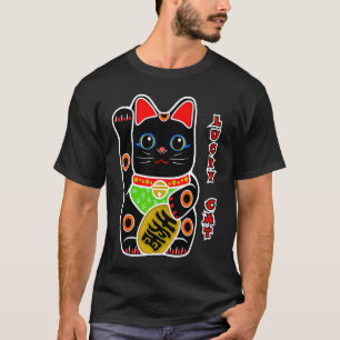 Camiseta Gato Maneki Neko Negro Lindo de la Suerte Atrayend